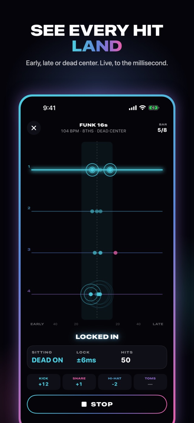 PÖKITT play screen: every hit lands early, late or dead center