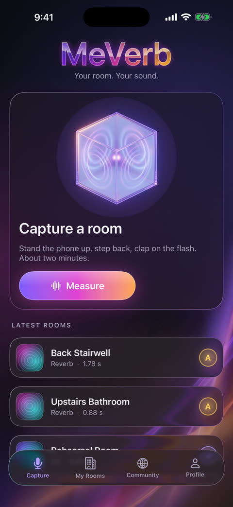 The MeVerb iPhone app's Capture screen with a Measure button