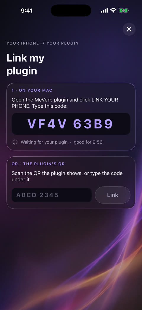 The MeVerb iPhone app showing an 8-character link code