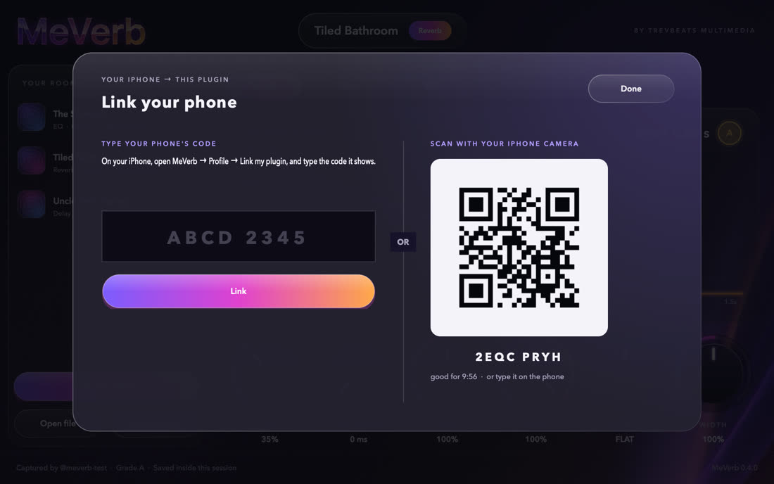 The MeVerb plugin's Link your phone panel with a code box and a QR code