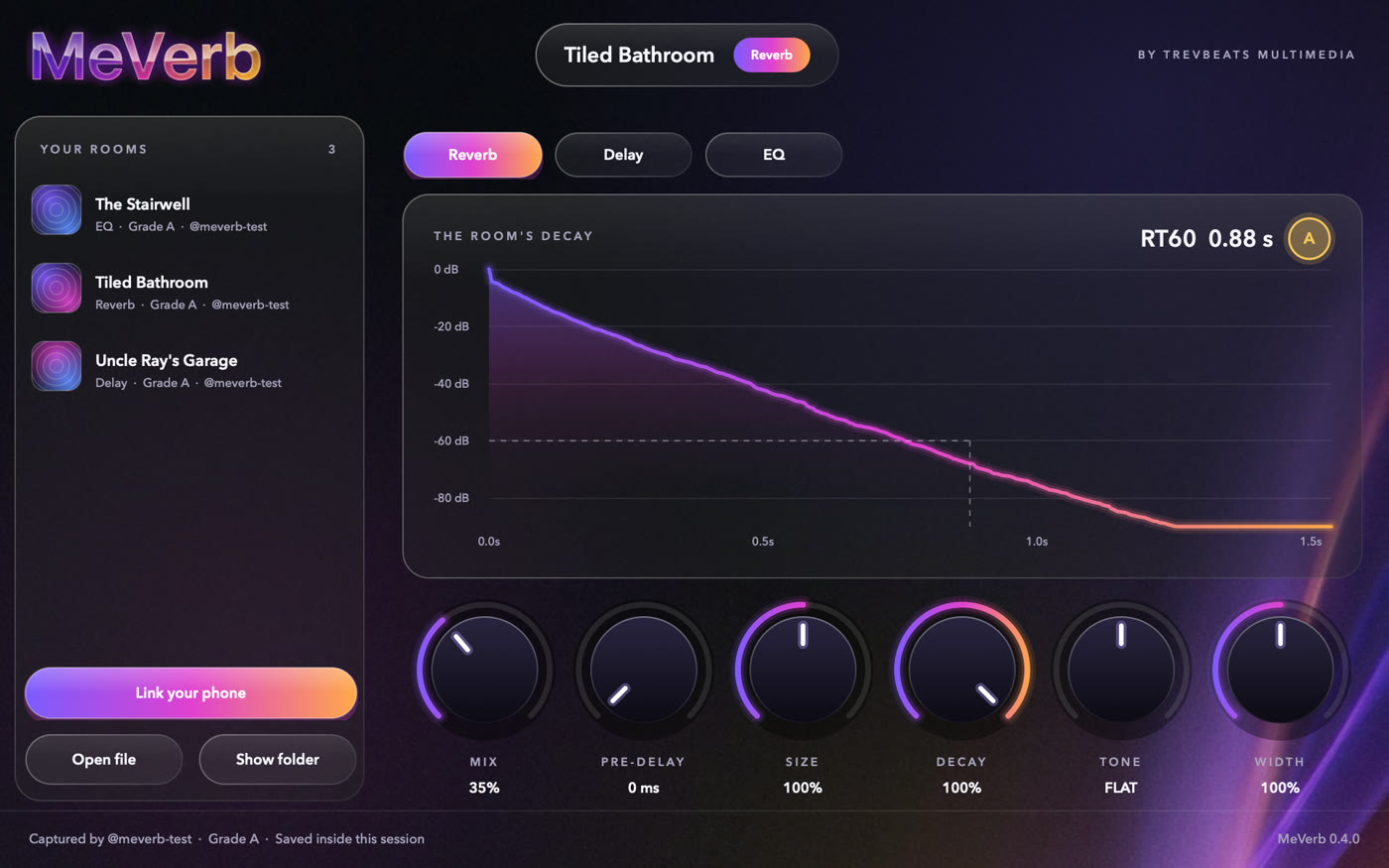 The MeVerb plugin playing a room as a reverb: the room's decay curve, its grade and the MIX, PRE-DELAY, SIZE, DECAY, TONE and WIDTH knobs